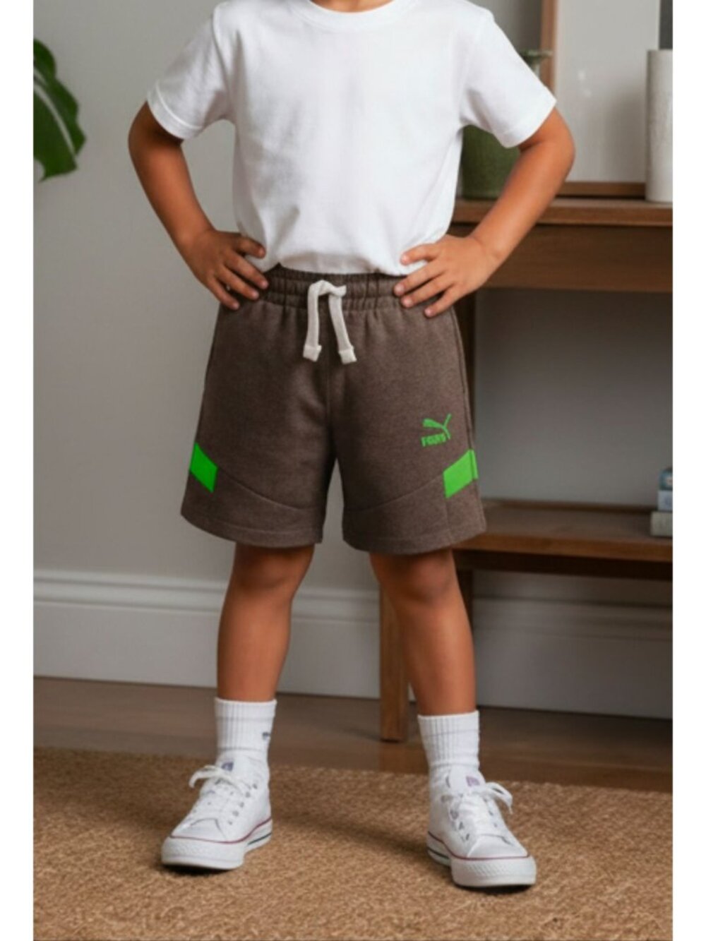 Puma Boys Brown & Neon Green Casual Shorts With Drawstring Waist Size 5 Cotton B